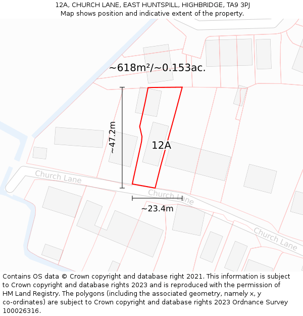 12A, CHURCH LANE, EAST HUNTSPILL, HIGHBRIDGE, TA9 3PJ: Plot and title map