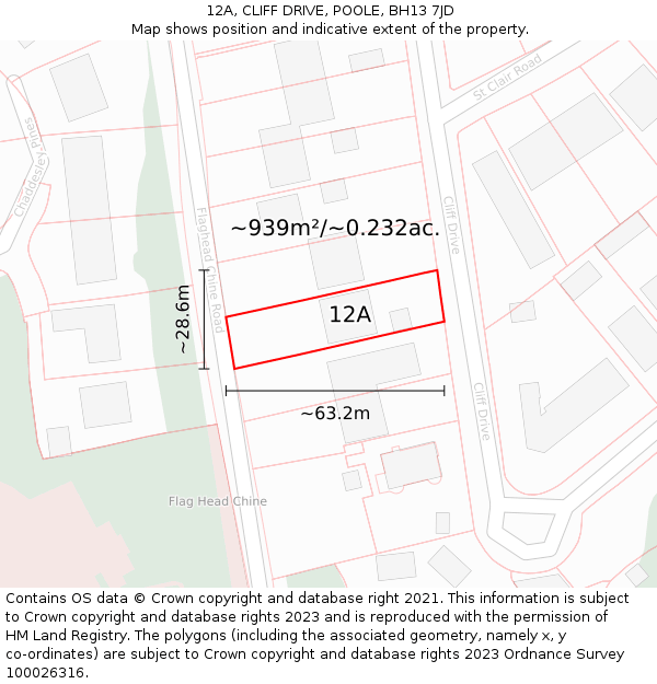 12A, CLIFF DRIVE, POOLE, BH13 7JD: Plot and title map