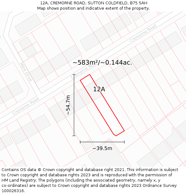 12A, CREMORNE ROAD, SUTTON COLDFIELD, B75 5AH: Plot and title map