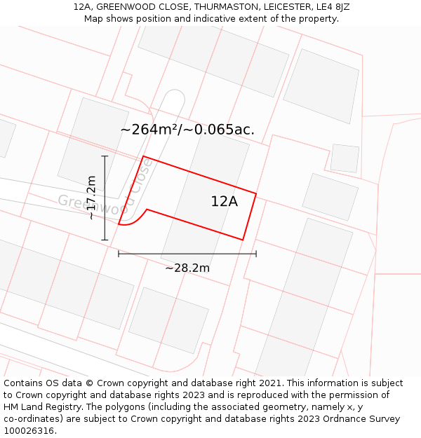 12A, GREENWOOD CLOSE, THURMASTON, LEICESTER, LE4 8JZ: Plot and title map