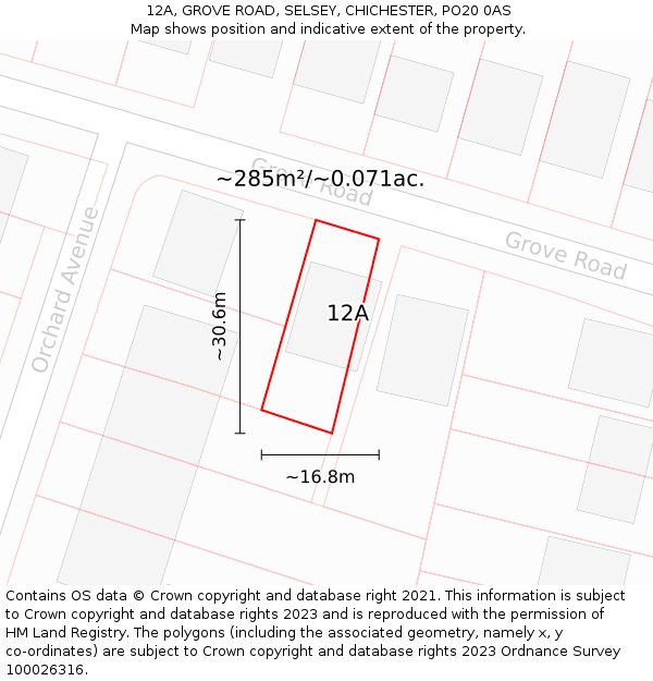12A, GROVE ROAD, SELSEY, CHICHESTER, PO20 0AS: Plot and title map