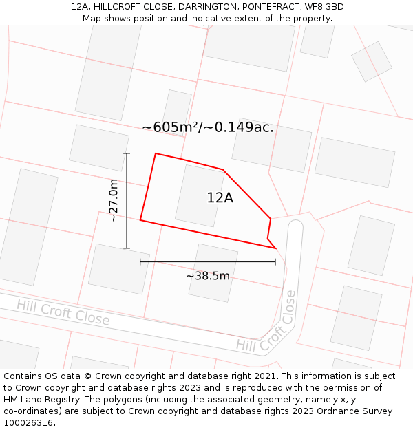 12A, HILLCROFT CLOSE, DARRINGTON, PONTEFRACT, WF8 3BD: Plot and title map