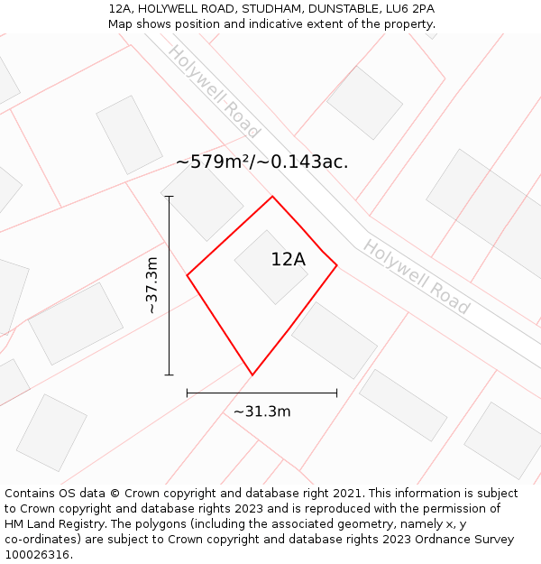 12A, HOLYWELL ROAD, STUDHAM, DUNSTABLE, LU6 2PA: Plot and title map