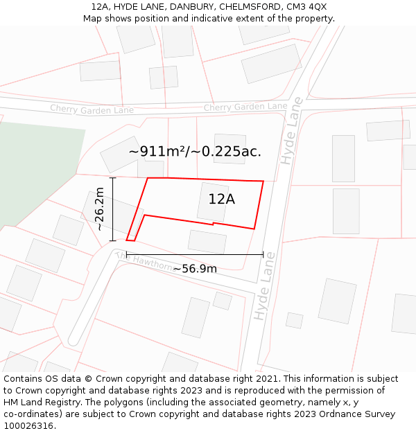 12A, HYDE LANE, DANBURY, CHELMSFORD, CM3 4QX: Plot and title map