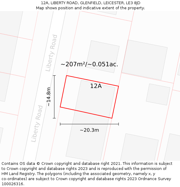 12A, LIBERTY ROAD, GLENFIELD, LEICESTER, LE3 8JD: Plot and title map