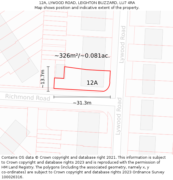 12A, LYWOOD ROAD, LEIGHTON BUZZARD, LU7 4RA: Plot and title map