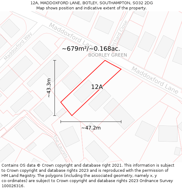 12A, MADDOXFORD LANE, BOTLEY, SOUTHAMPTON, SO32 2DG: Plot and title map