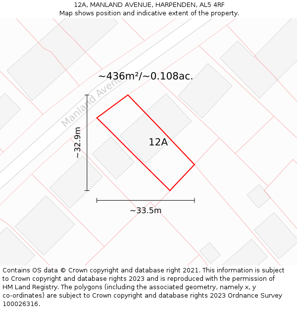 12A, MANLAND AVENUE, HARPENDEN, AL5 4RF: Plot and title map