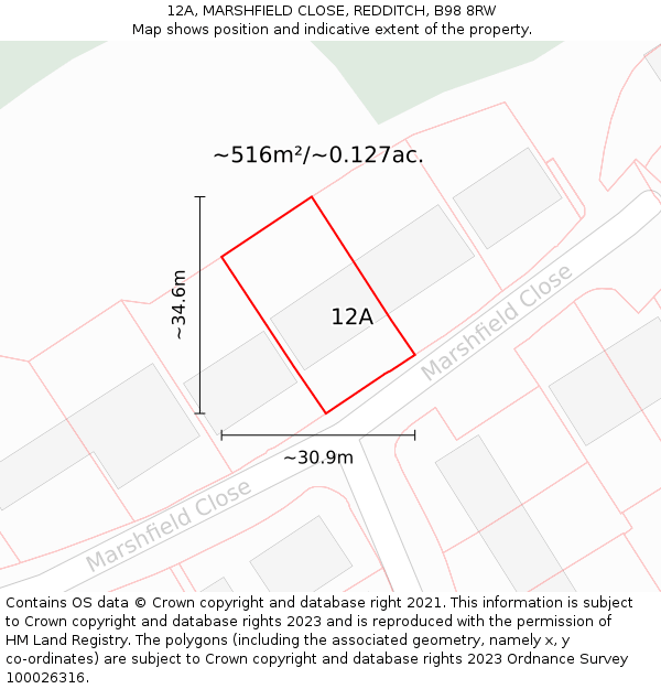 12A, MARSHFIELD CLOSE, REDDITCH, B98 8RW: Plot and title map