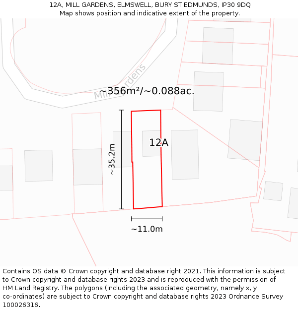 12A, MILL GARDENS, ELMSWELL, BURY ST EDMUNDS, IP30 9DQ: Plot and title map