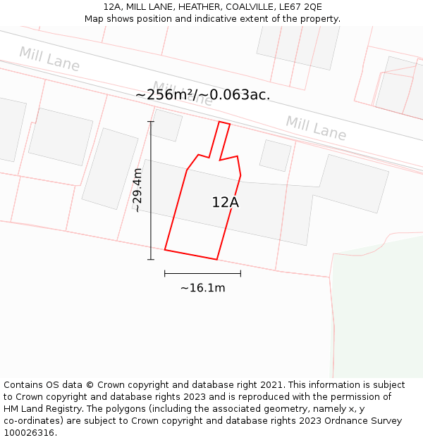 12A, MILL LANE, HEATHER, COALVILLE, LE67 2QE: Plot and title map