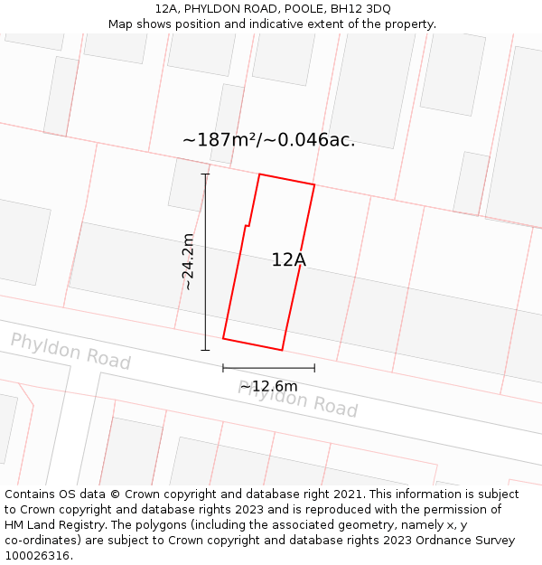 12A, PHYLDON ROAD, POOLE, BH12 3DQ: Plot and title map