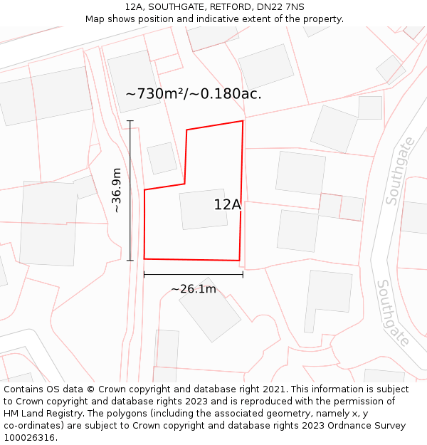 12A, SOUTHGATE, RETFORD, DN22 7NS: Plot and title map