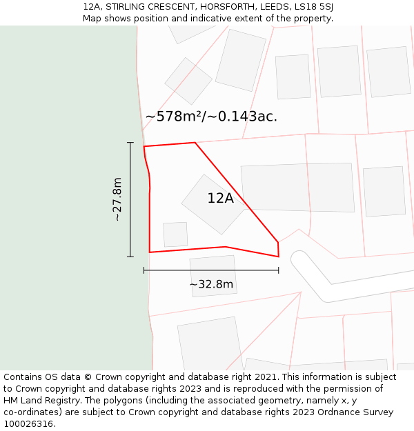12A, STIRLING CRESCENT, HORSFORTH, LEEDS, LS18 5SJ: Plot and title map