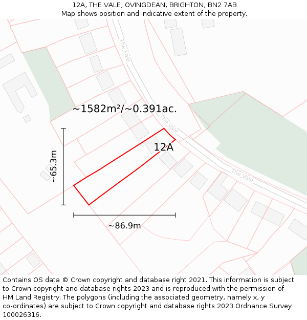 12A, THE VALE, OVINGDEAN, BRIGHTON, BN2 7AB: Plot and title map