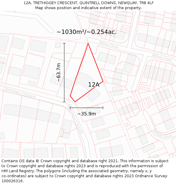 12A, TRETHIGGEY CRESCENT, QUINTRELL DOWNS, NEWQUAY, TR8 4LF: Plot and title map