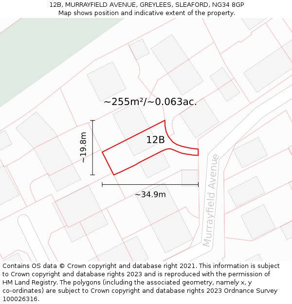 12B, MURRAYFIELD AVENUE, GREYLEES, SLEAFORD, NG34 8GP: Plot and title map