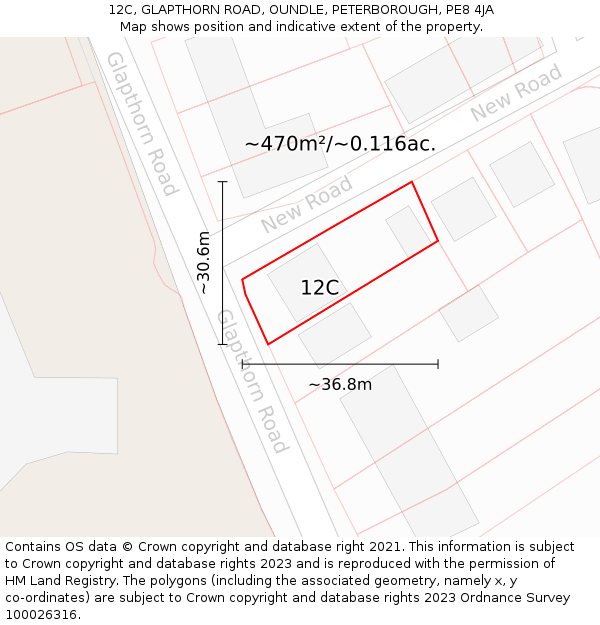 12C, GLAPTHORN ROAD, OUNDLE, PETERBOROUGH, PE8 4JA: Plot and title map