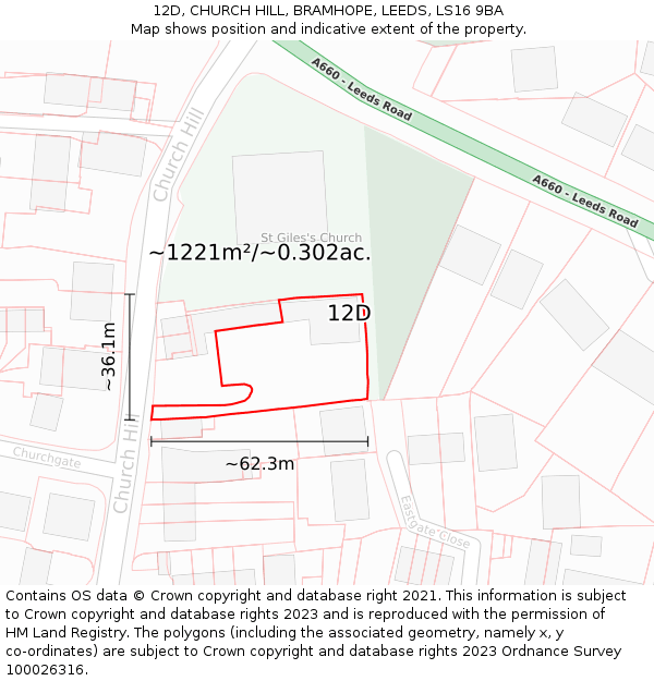 12D, CHURCH HILL, BRAMHOPE, LEEDS, LS16 9BA: Plot and title map