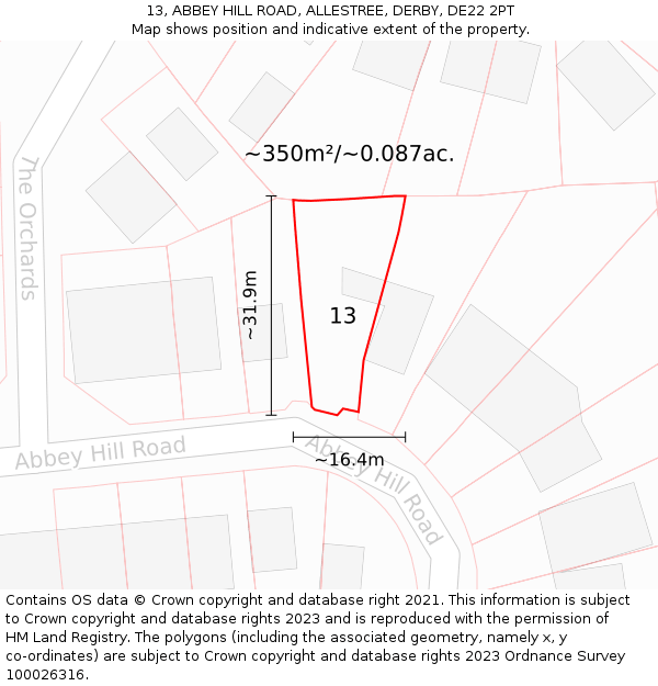 13, ABBEY HILL ROAD, ALLESTREE, DERBY, DE22 2PT: Plot and title map