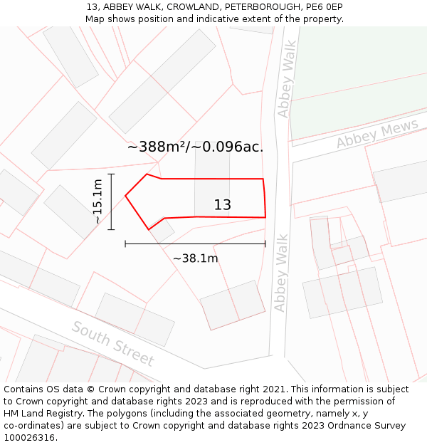 13, ABBEY WALK, CROWLAND, PETERBOROUGH, PE6 0EP: Plot and title map