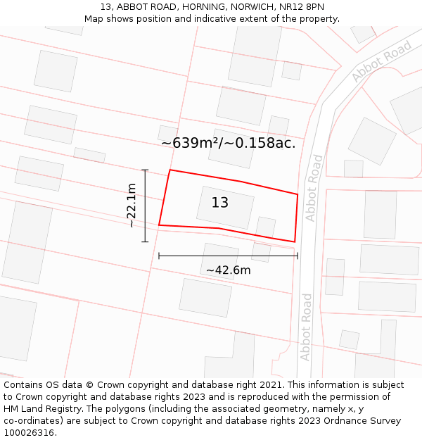 13, ABBOT ROAD, HORNING, NORWICH, NR12 8PN: Plot and title map
