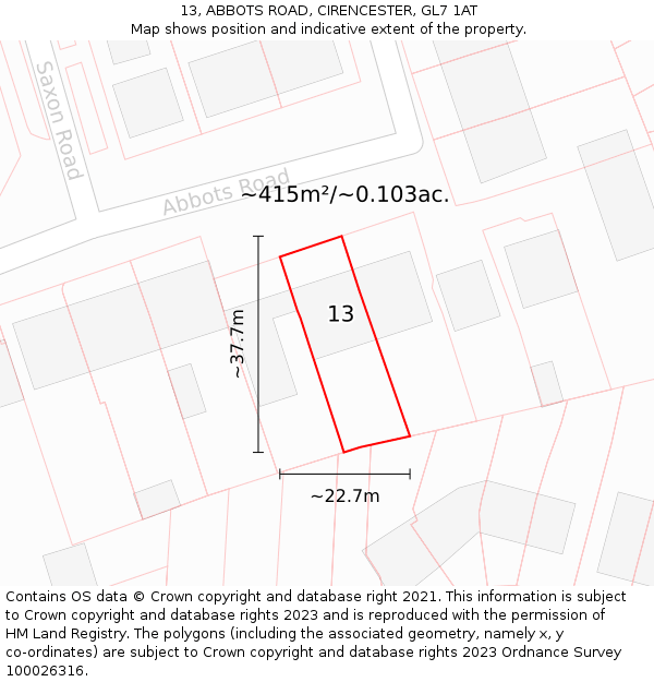 13, ABBOTS ROAD, CIRENCESTER, GL7 1AT: Plot and title map