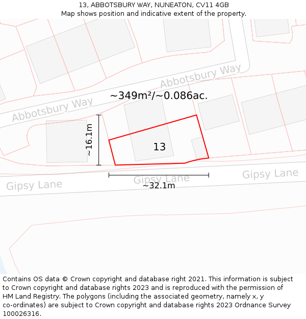 13, ABBOTSBURY WAY, NUNEATON, CV11 4GB: Plot and title map