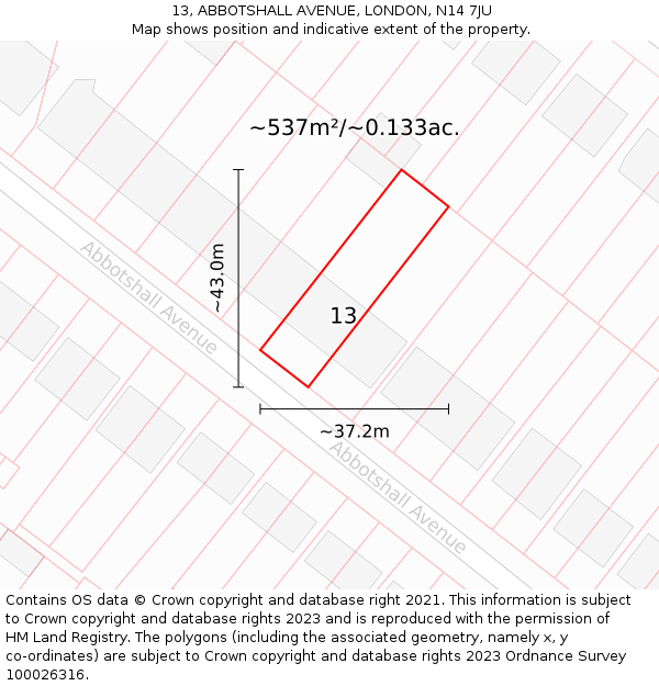 13, ABBOTSHALL AVENUE, LONDON, N14 7JU: Plot and title map
