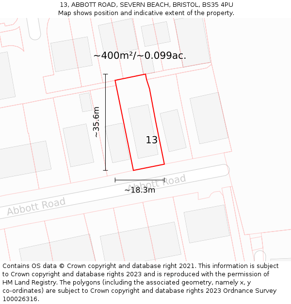 13, ABBOTT ROAD, SEVERN BEACH, BRISTOL, BS35 4PU: Plot and title map
