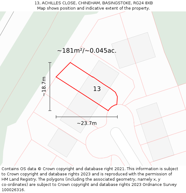 13, ACHILLES CLOSE, CHINEHAM, BASINGSTOKE, RG24 8XB: Plot and title map