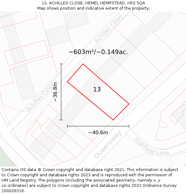 13, ACHILLES CLOSE, HEMEL HEMPSTEAD, HP2 5QA: Plot and title map