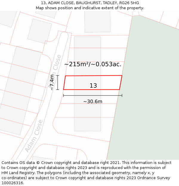 13, ADAM CLOSE, BAUGHURST, TADLEY, RG26 5HG: Plot and title map