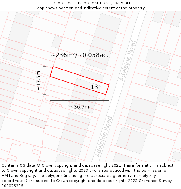 13, ADELAIDE ROAD, ASHFORD, TW15 3LL: Plot and title map