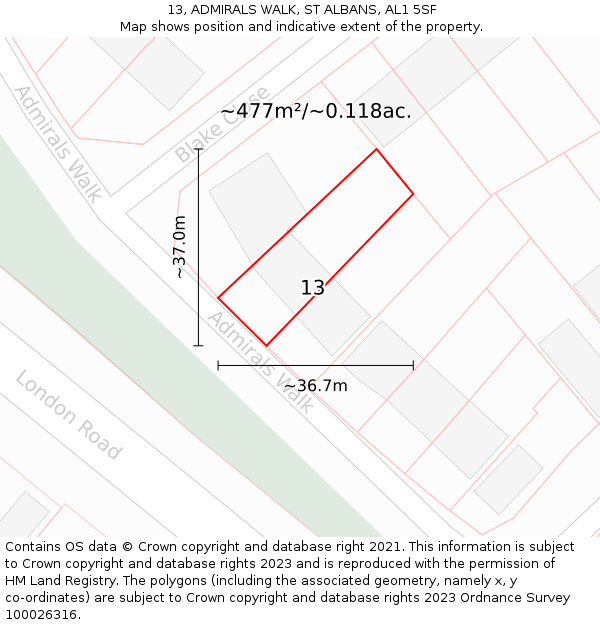 13, ADMIRALS WALK, ST ALBANS, AL1 5SF: Plot and title map
