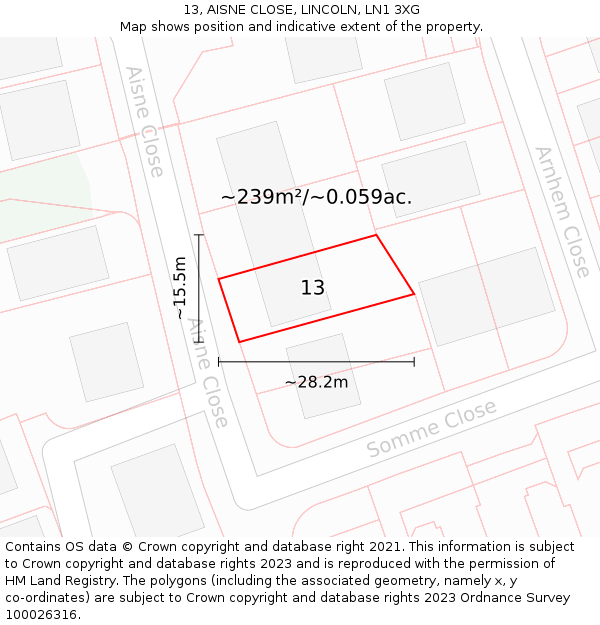 13, AISNE CLOSE, LINCOLN, LN1 3XG: Plot and title map