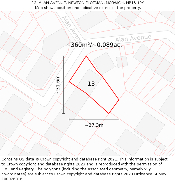 13, ALAN AVENUE, NEWTON FLOTMAN, NORWICH, NR15 1PY: Plot and title map