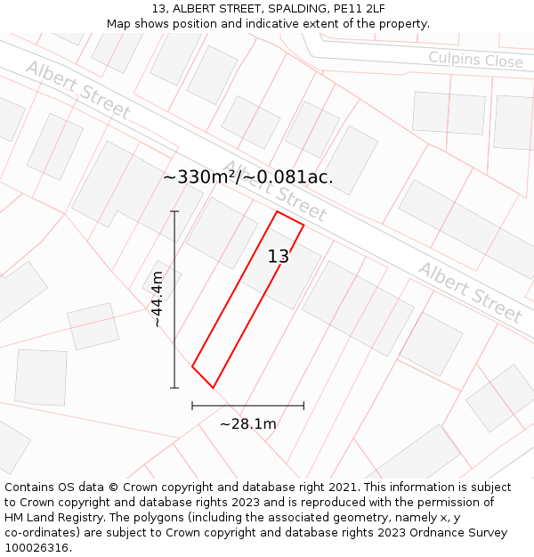 13, ALBERT STREET, SPALDING, PE11 2LF: Plot and title map
