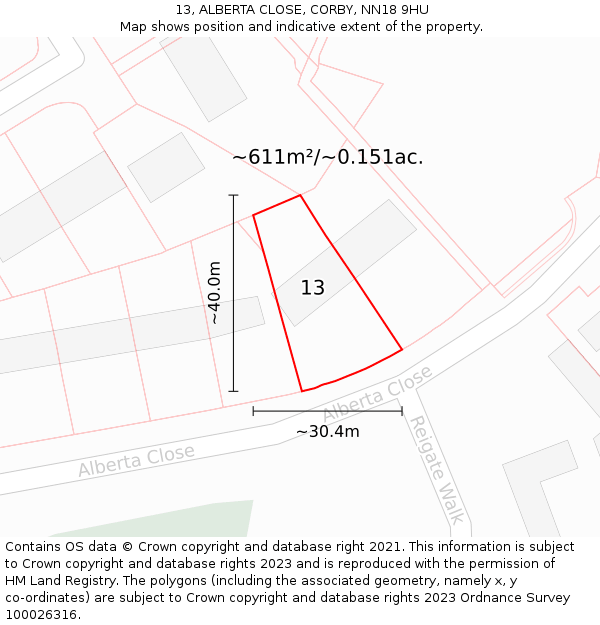 13, ALBERTA CLOSE, CORBY, NN18 9HU: Plot and title map