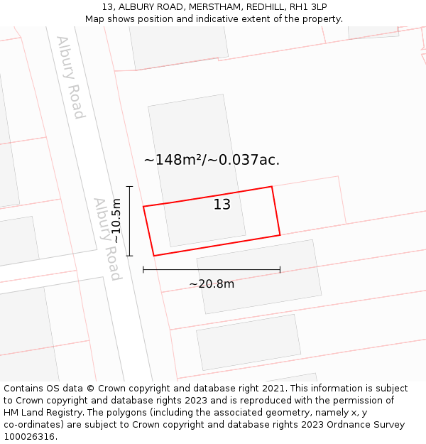 13, ALBURY ROAD, MERSTHAM, REDHILL, RH1 3LP: Plot and title map