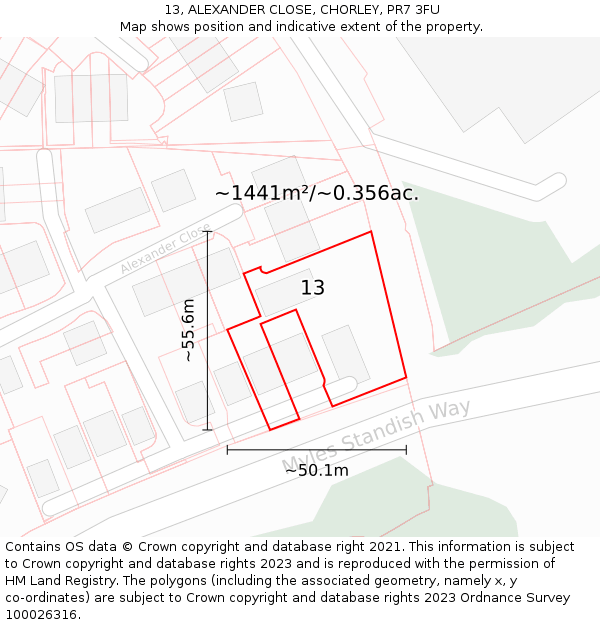 13, ALEXANDER CLOSE, CHORLEY, PR7 3FU: Plot and title map