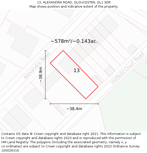 13, ALEXANDRA ROAD, GLOUCESTER, GL1 3DR: Plot and title map