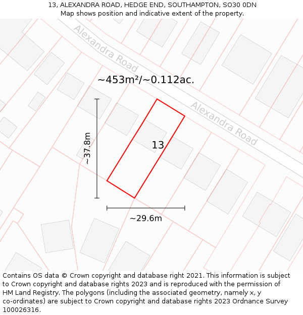 13, ALEXANDRA ROAD, HEDGE END, SOUTHAMPTON, SO30 0DN: Plot and title map