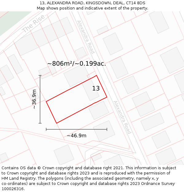 13, ALEXANDRA ROAD, KINGSDOWN, DEAL, CT14 8DS: Plot and title map