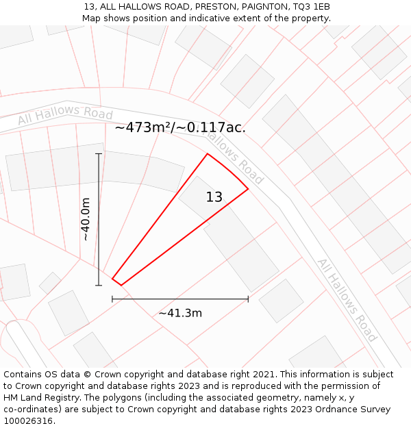 13, ALL HALLOWS ROAD, PRESTON, PAIGNTON, TQ3 1EB: Plot and title map