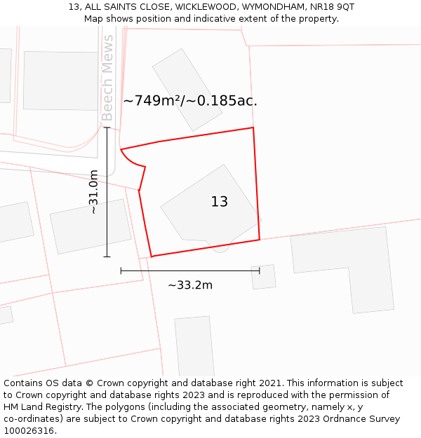 13, ALL SAINTS CLOSE, WICKLEWOOD, WYMONDHAM, NR18 9QT: Plot and title map