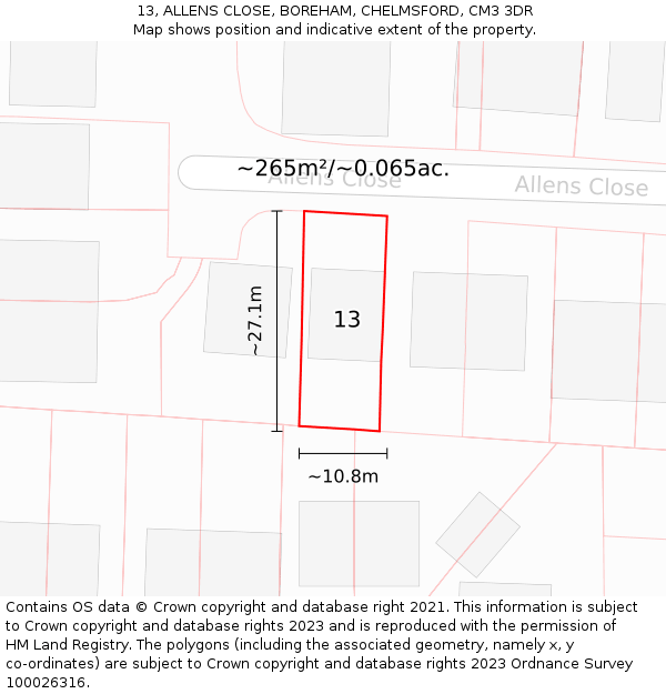 13, ALLENS CLOSE, BOREHAM, CHELMSFORD, CM3 3DR: Plot and title map