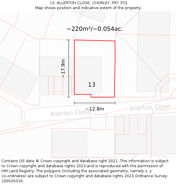 13, ALLERTON CLOSE, CHORLEY, PR7 3TQ: Plot and title map
