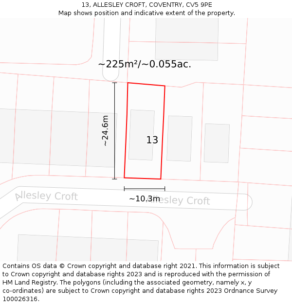 13, ALLESLEY CROFT, COVENTRY, CV5 9PE: Plot and title map