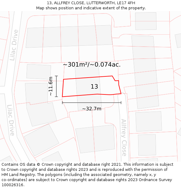 13, ALLFREY CLOSE, LUTTERWORTH, LE17 4FH: Plot and title map